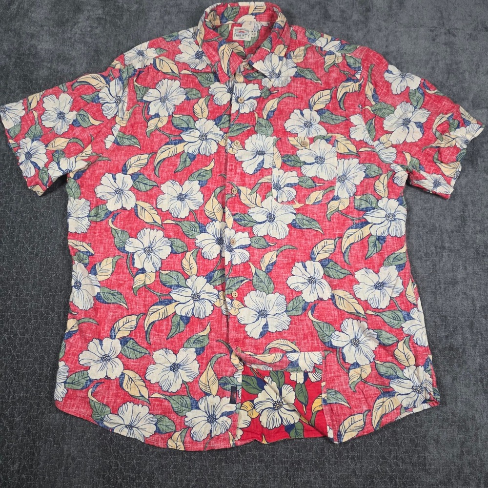 Faherty Brand Mens XL Red Hibiscus Floral Linen Blend Short Sleeve Button Shirt